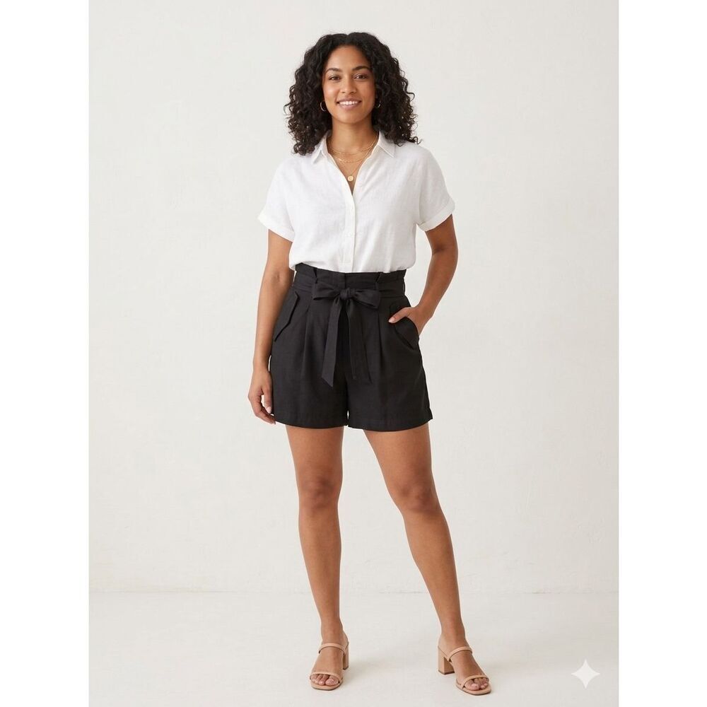 A New Day Black Paperbag Waist Shorts Size 12 High Rise Belted Pleated EUC